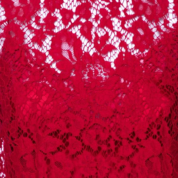 Pre Owned Dolce & Gabbana Red Lace Quarter Sleeve Top M