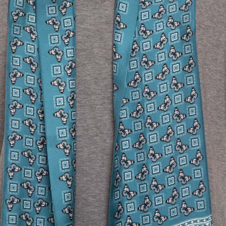 Pre Owned Dolce & Gabbana Grey Cotton V-Neck T-Shirt with Butterfly Printed Tasseled Silk Scarf S