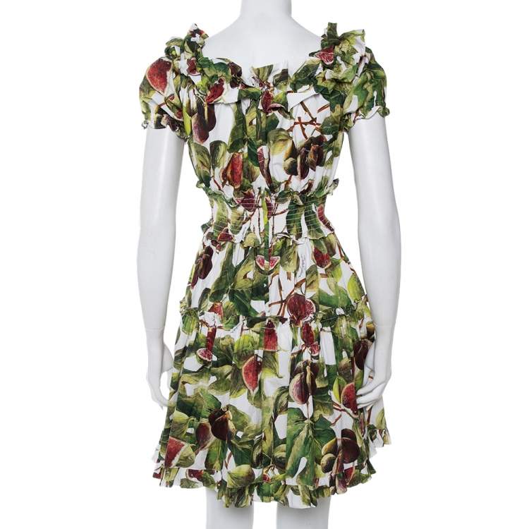 Pre Owned Dolce & Gabbana Multicolor Fig Printed Cotton Smocked Detail Off Shoulder Dress S