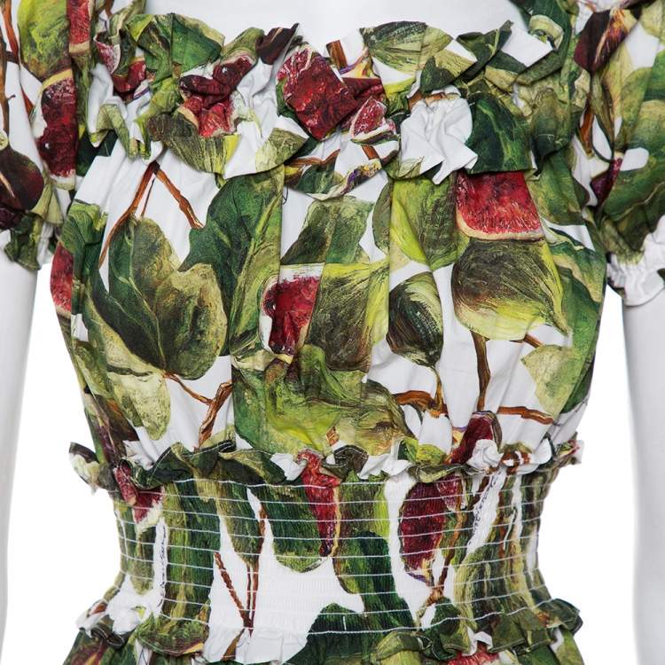 Pre Owned Dolce & Gabbana Multicolor Fig Printed Cotton Smocked Detail Off Shoulder Dress S