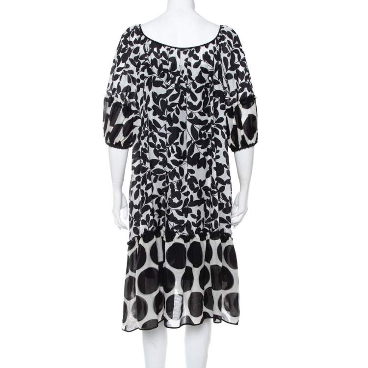 Pre Owned Dolce & Gabbana Monochrome Leaf Printed Silk Ruffled Midi Dress M