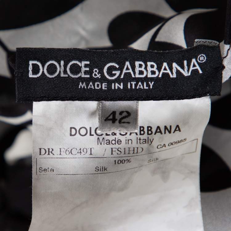 Pre Owned Dolce & Gabbana Monochrome Leaf Printed Silk Ruffled Midi Dress M