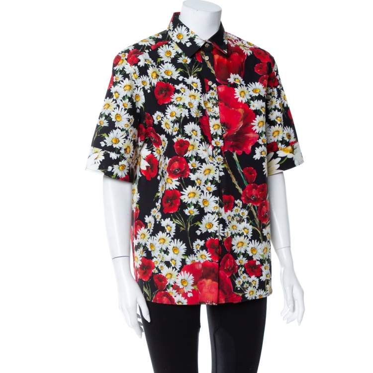 Pre Owned Dolce & Gabbana Black Poppy & Daisy Printed Cotton Half Button Short Sleeve Shirt M