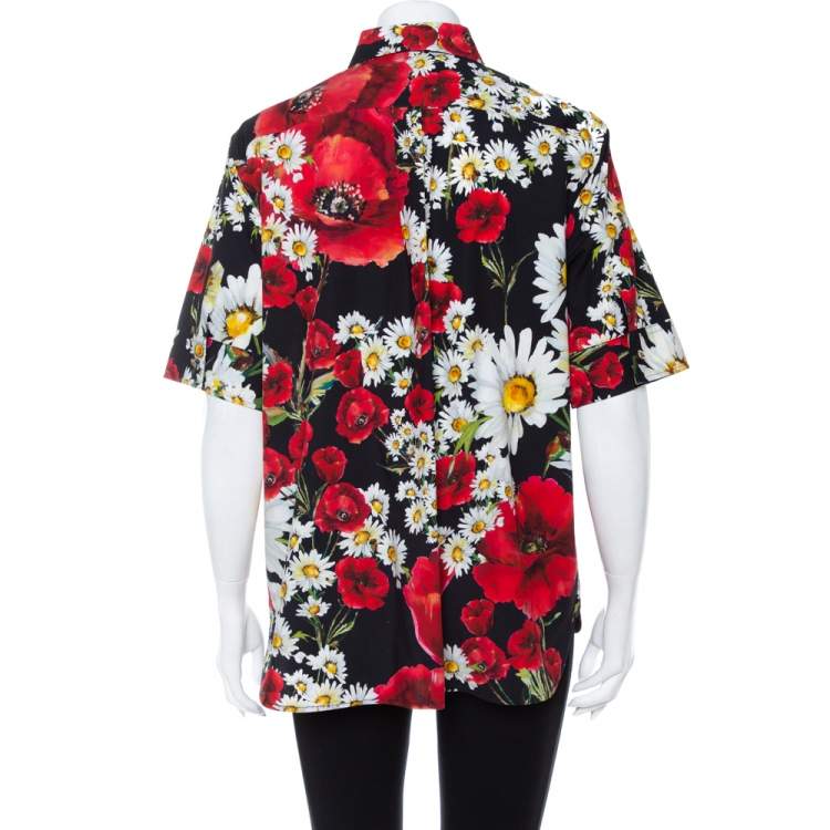 Pre Owned Dolce & Gabbana Black Poppy & Daisy Printed Cotton Half Button Short Sleeve Shirt M