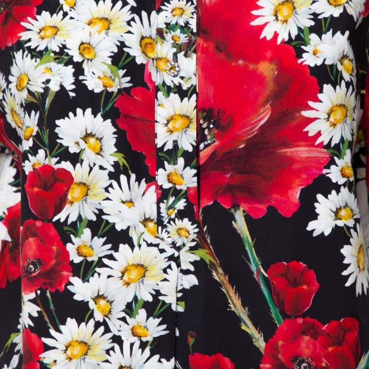 Pre Owned Dolce & Gabbana Black Poppy & Daisy Printed Cotton Half Button Short Sleeve Shirt M