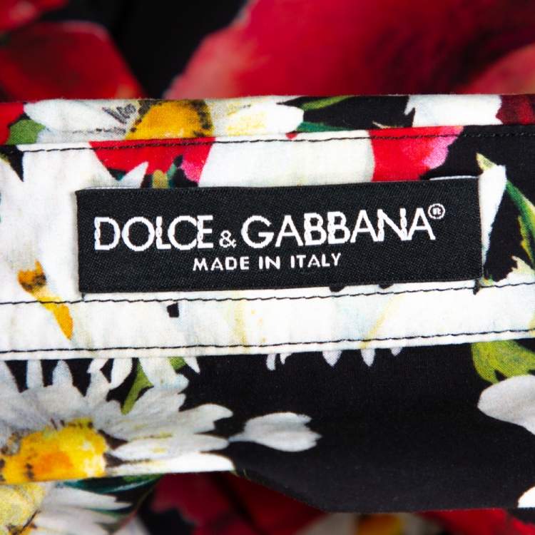 Pre Owned Dolce & Gabbana Black Poppy & Daisy Printed Cotton Half Button Short Sleeve Shirt M