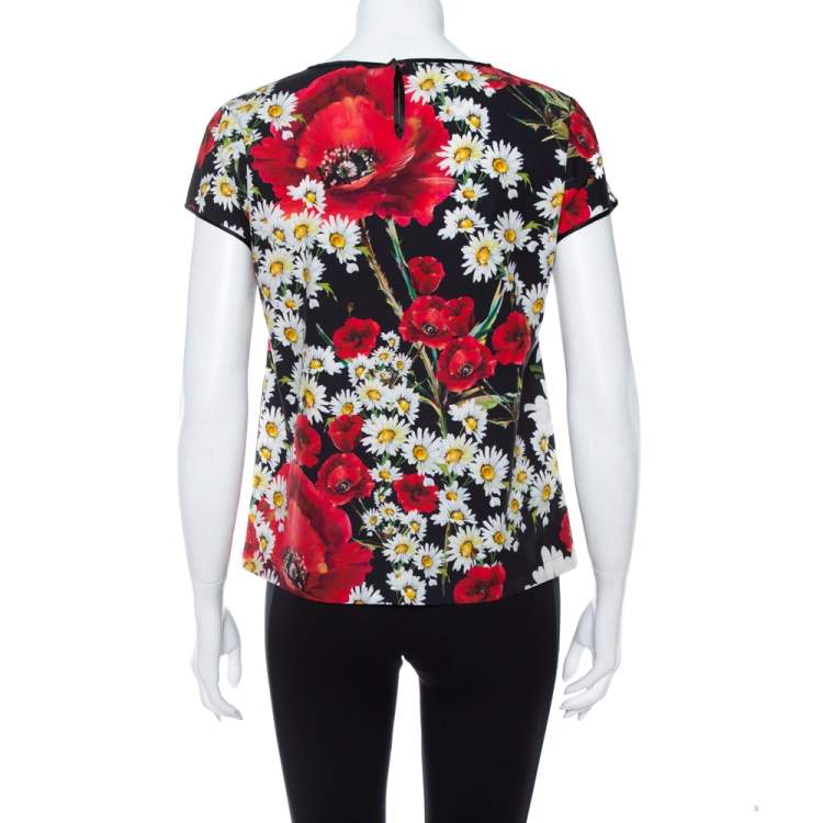 Pre Owned Dolce & Gabbana Black Cotton Poppy & Daisy Printed Top S