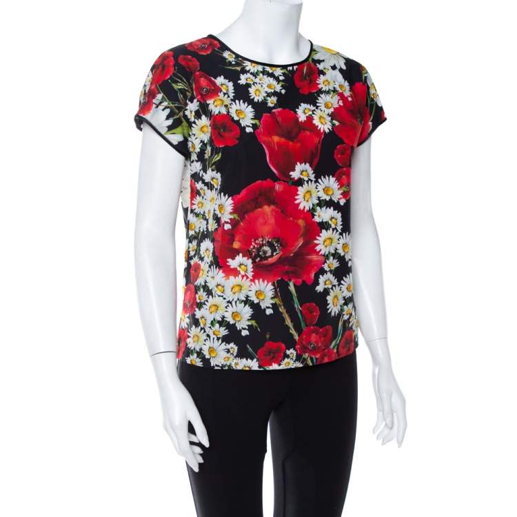 Pre Owned Dolce & Gabbana Black Cotton Poppy & Daisy Printed Top S