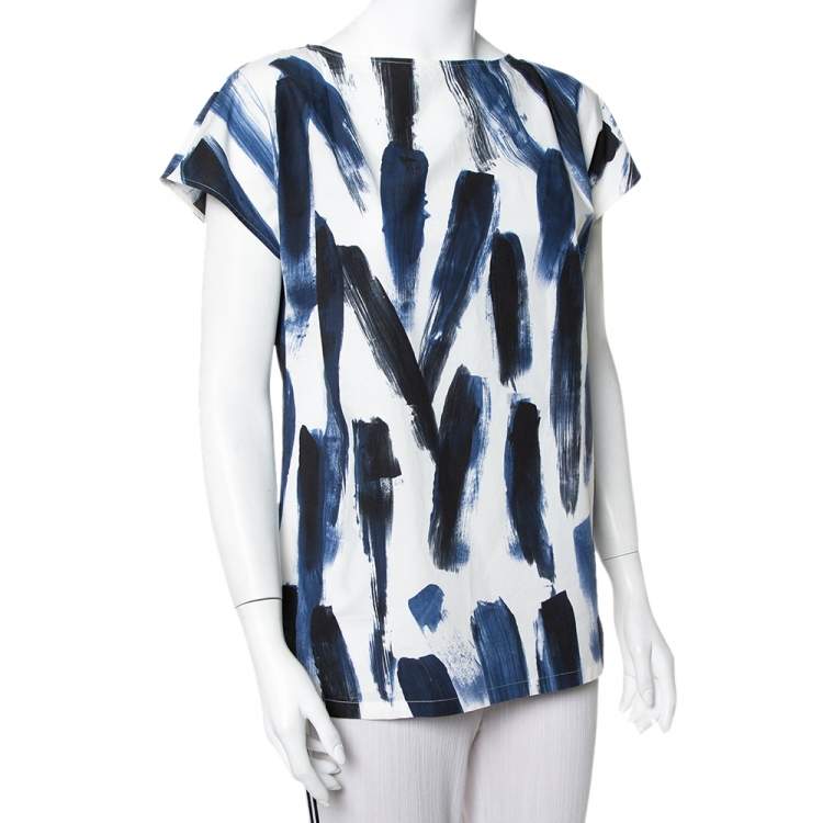 Pre Owned Dolce & Gabbana Blue Cotton Brushstroke Print Short Sleeve Tunic Top M
