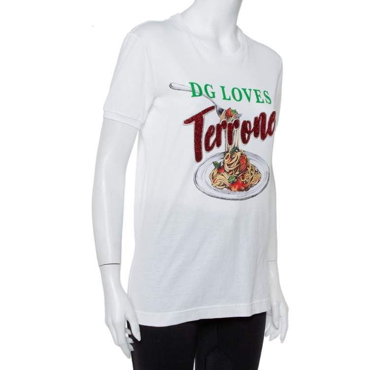 Pre Owned Dolce and Gabbana White Cotton Pasta Graphic Printed Applique Detail Crewneck T-shirt S