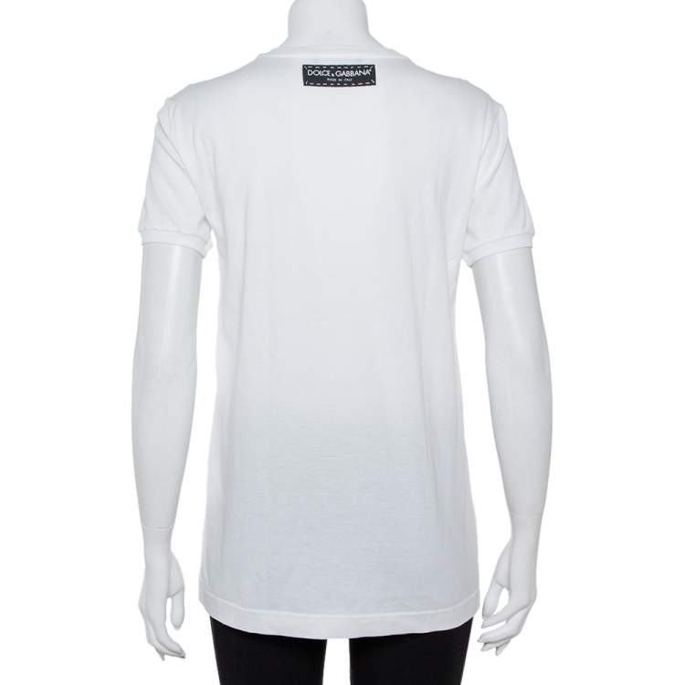 Pre Owned Dolce and Gabbana White Cotton Pasta Graphic Printed Applique Detail Crewneck T-shirt S