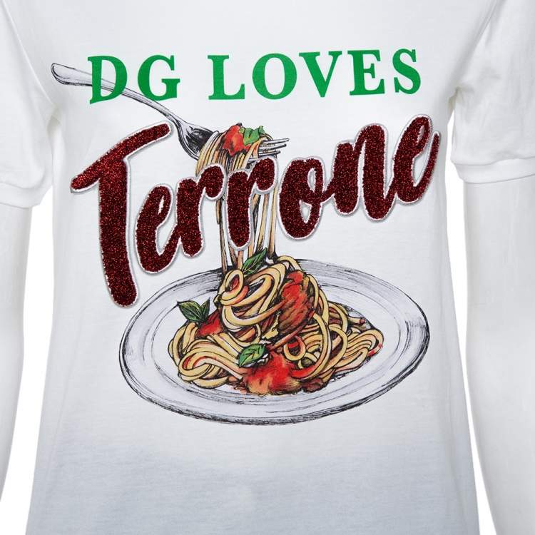 Pre Owned Dolce and Gabbana White Cotton Pasta Graphic Printed Applique Detail Crewneck T-shirt S