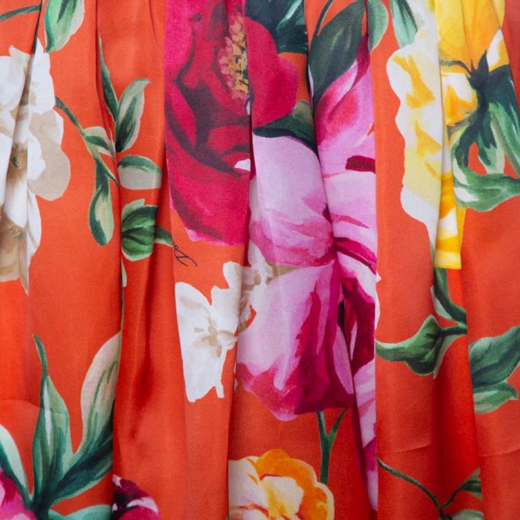 Pre Owned Dolce & Gabbana Orange Floral Printed Silk Midi Skirt M