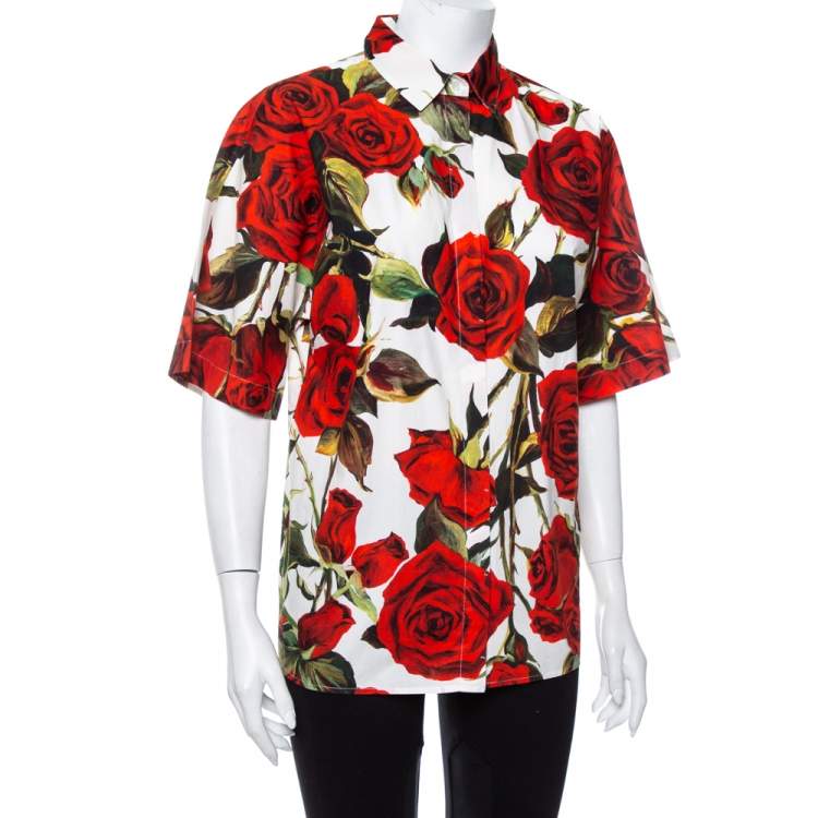 Pre Owned Dolce & Gabbana White Rose Printed Cotton Button Front Shirt M