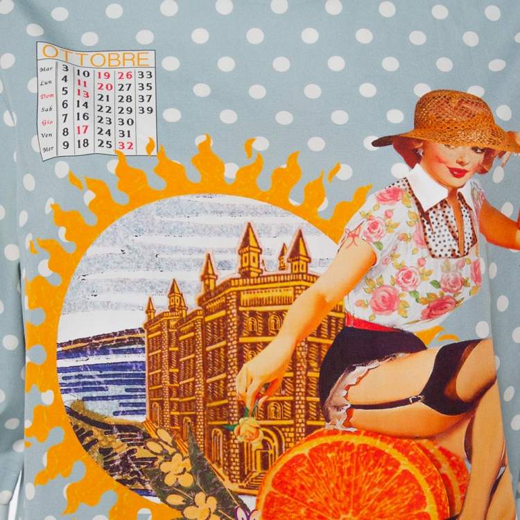 Pre Owned Dolce & Gabbana Grey Polka Dots Cotton Dolce Vita Calendar Girl T-Shirt L