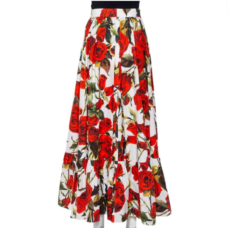 Pre Owned Dolce & Gabbana White Rose Printed Cotton Maxi Skirt M