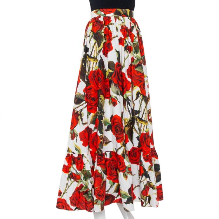 Pre Owned Dolce & Gabbana White Rose Printed Cotton Maxi Skirt M