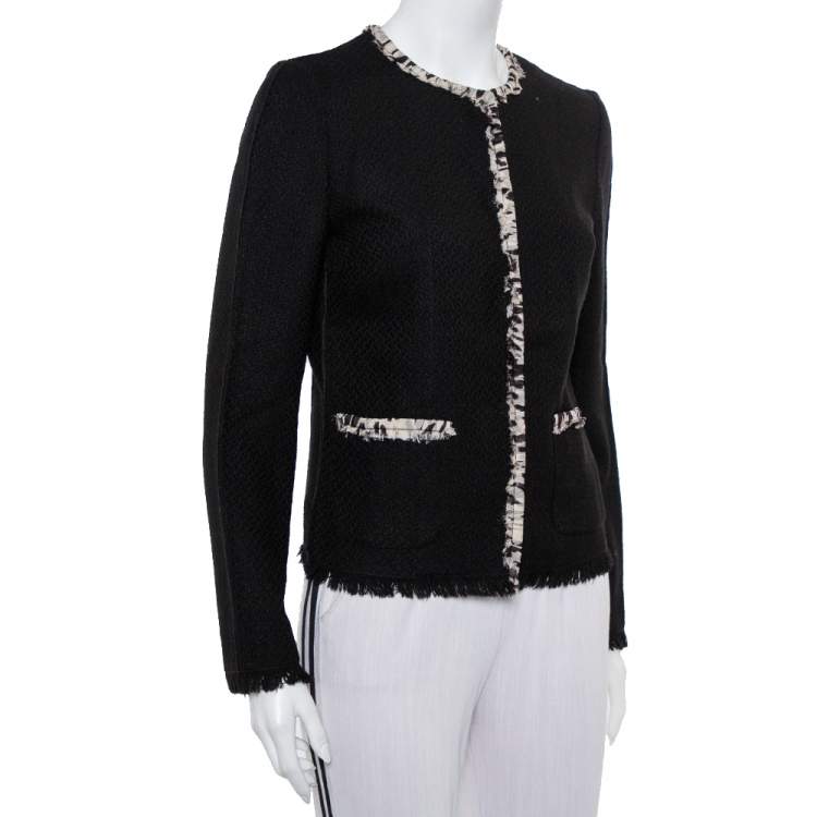 Pre Owned Dolce & Gabbana Black Tweed Contrast Trim Frayed Hem Jacket M