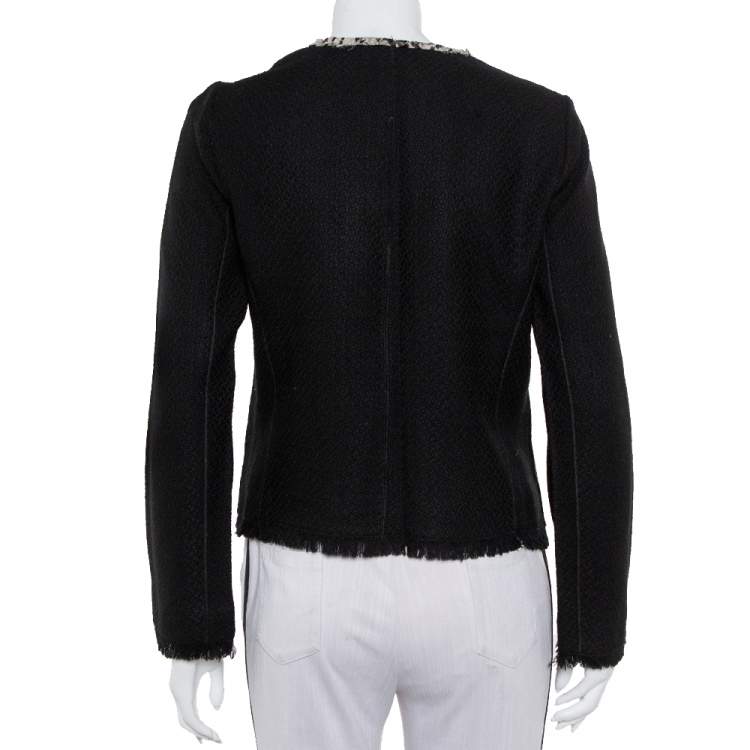 Pre Owned Dolce & Gabbana Black Tweed Contrast Trim Frayed Hem Jacket M