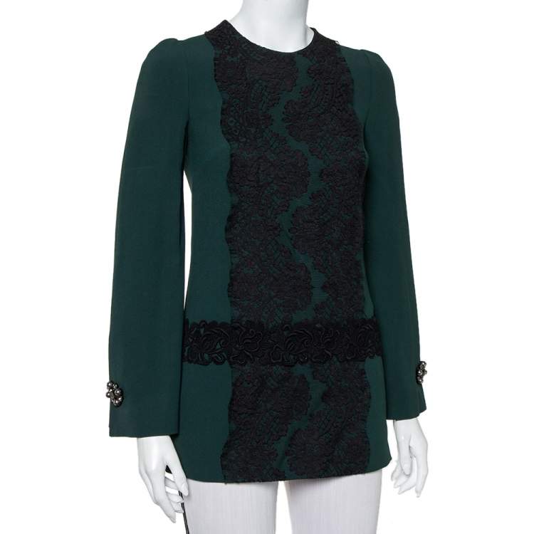 Pre Owned Dolce & Gabbana Green Crepe Lace Detail Long Sleeve Tunic XS