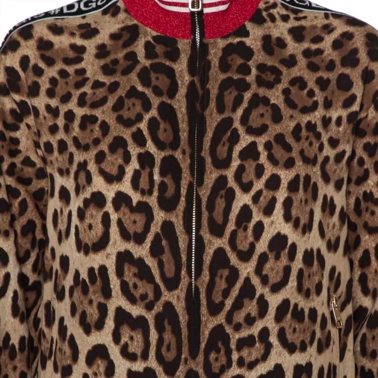 Pre Owned Dolce & Gabbana Brown Animal Printed Silk Contrast Trim Detail Zip Front Jacket S