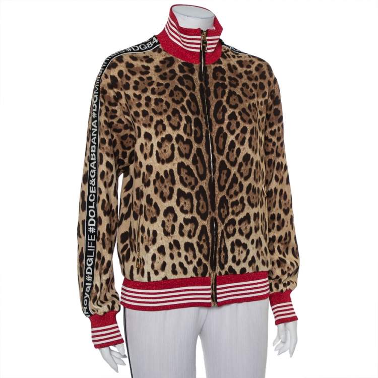 Pre Owned Dolce & Gabbana Brown Animal Printed Silk Contrast Trim Detail Zip Front Jacket S