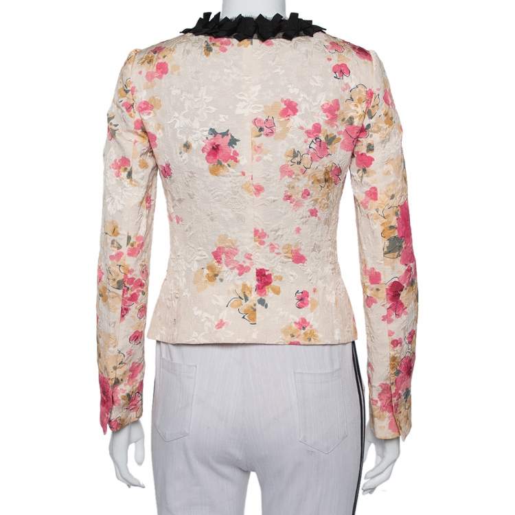 Pre Owned Dolce & Gabbana Cream Floral Jacquard Contrast Trim Detail Button Front Round Neck Jacket S