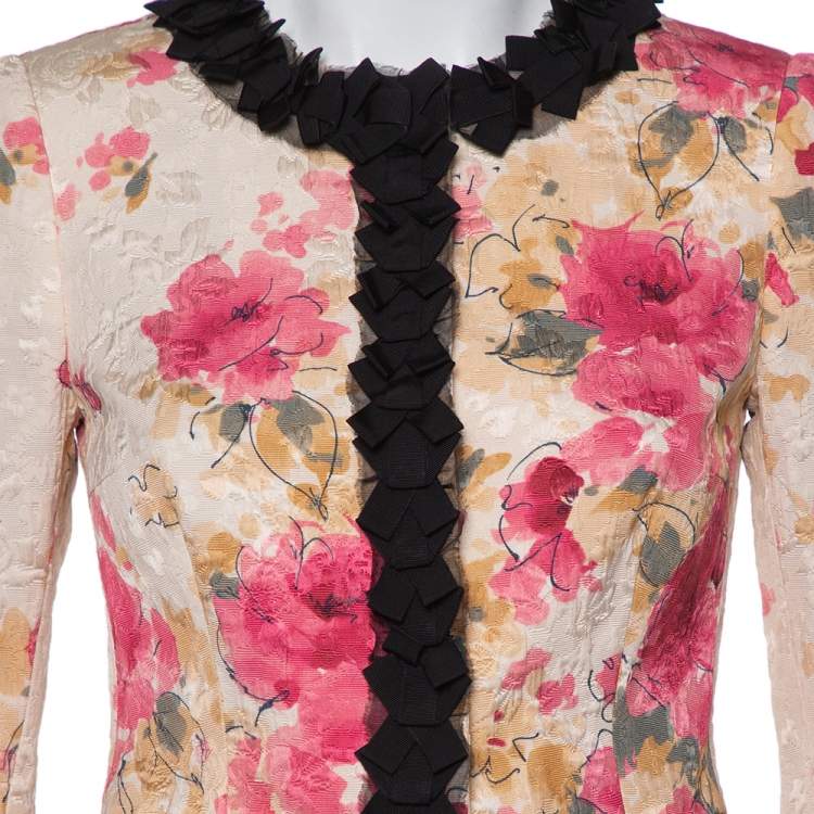 Pre Owned Dolce & Gabbana Cream Floral Jacquard Contrast Trim Detail Button Front Round Neck Jacket S