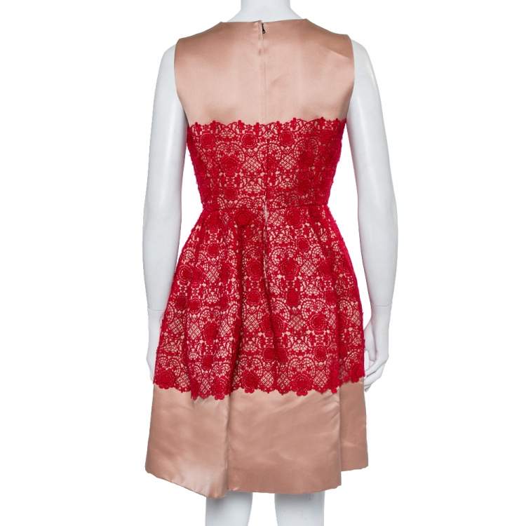 Pre Owned Dolce & Gabbana Beige Satin Lace Trim Detail Sleeveless Mini Dress M