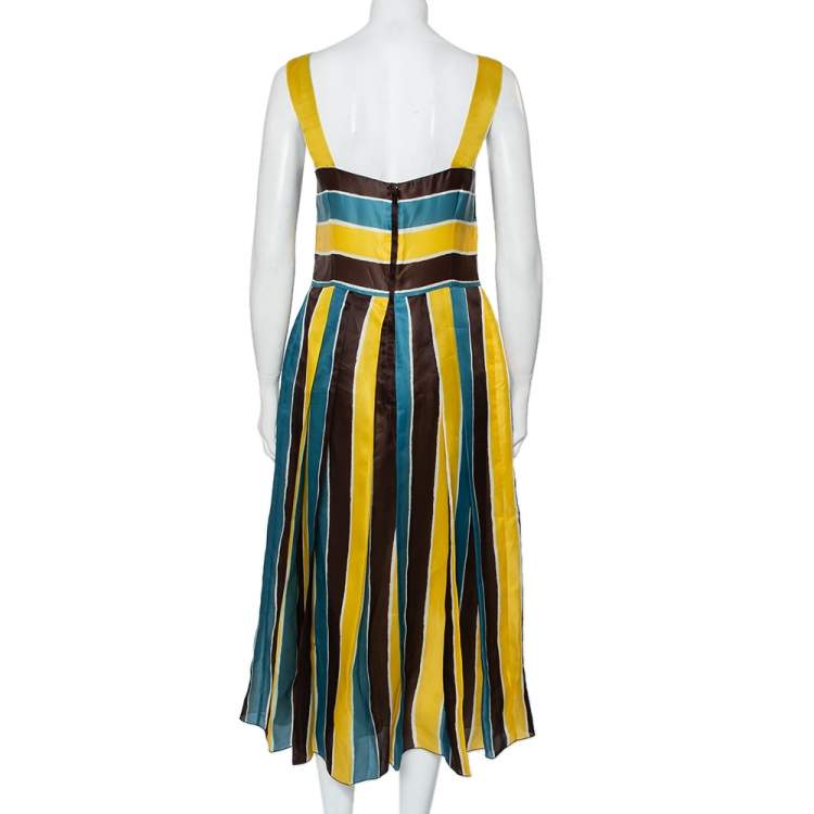 Pre Owned Dolce & Gabbana Multicolor Striped Silk Organza Midi Dress L