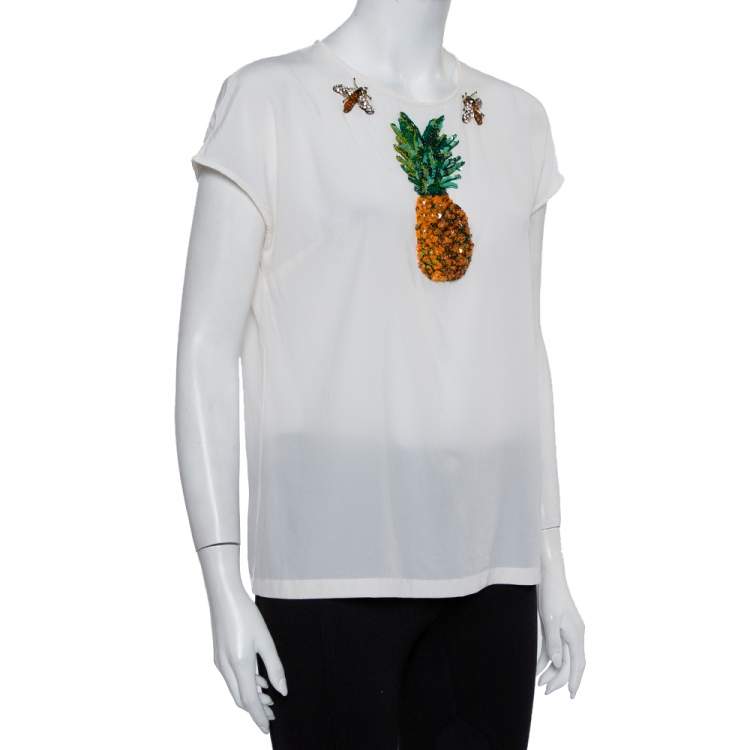 Pre Owned Dolce & Gabbana Cream Silk Sequin Embellished Trim Blouse M
