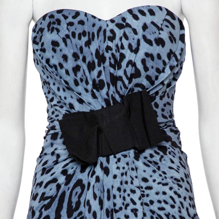 Pre Owned Dolce & Gabbana Blue Animal Printed Silk Bow Detail Strapless Maxi Dress M
