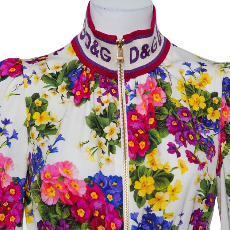 Pre Owned Dolce & Gabbana White Floral Printed Silk High Collar Charmeuse Mini Dress M