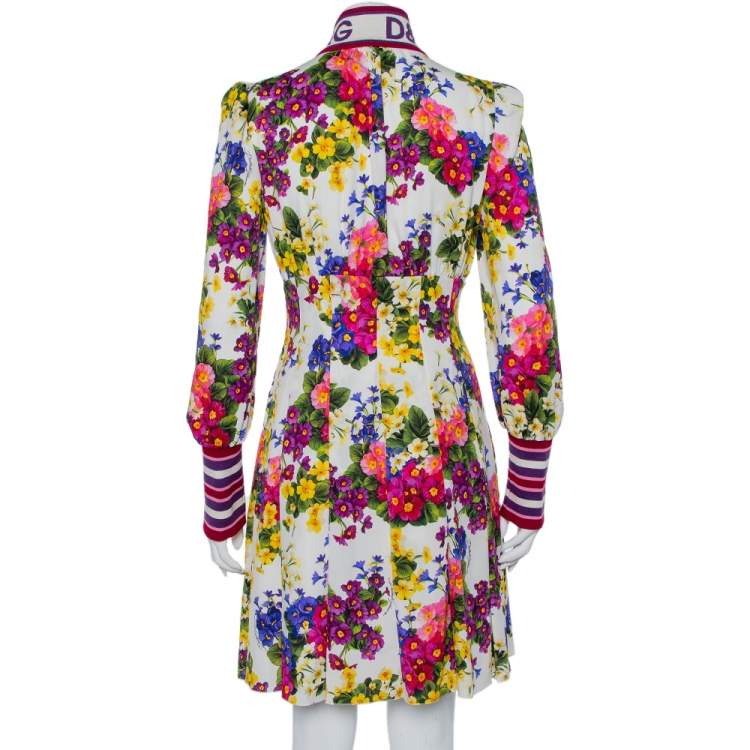 Pre Owned Dolce & Gabbana White Floral Printed Silk High Collar Charmeuse Mini Dress M