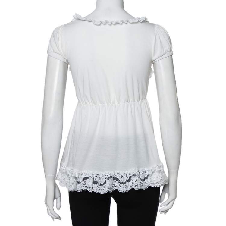 Pre Owned Dolce & Gabbana White Knit Lace Trim Waist Tie Detail Top M
