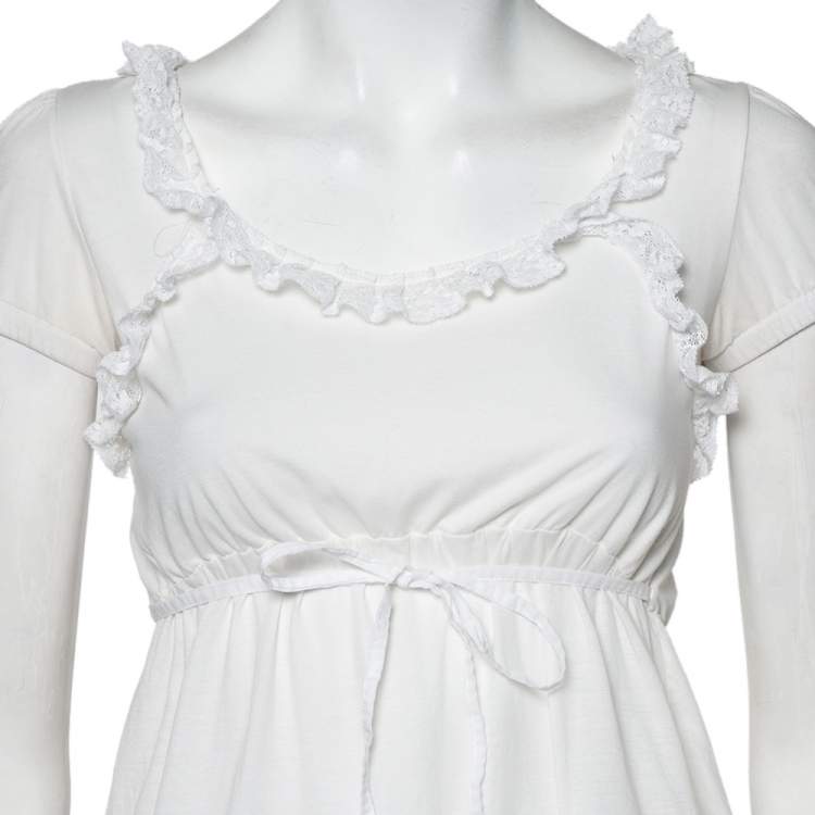 Pre Owned Dolce & Gabbana White Knit Lace Trim Waist Tie Detail Top M