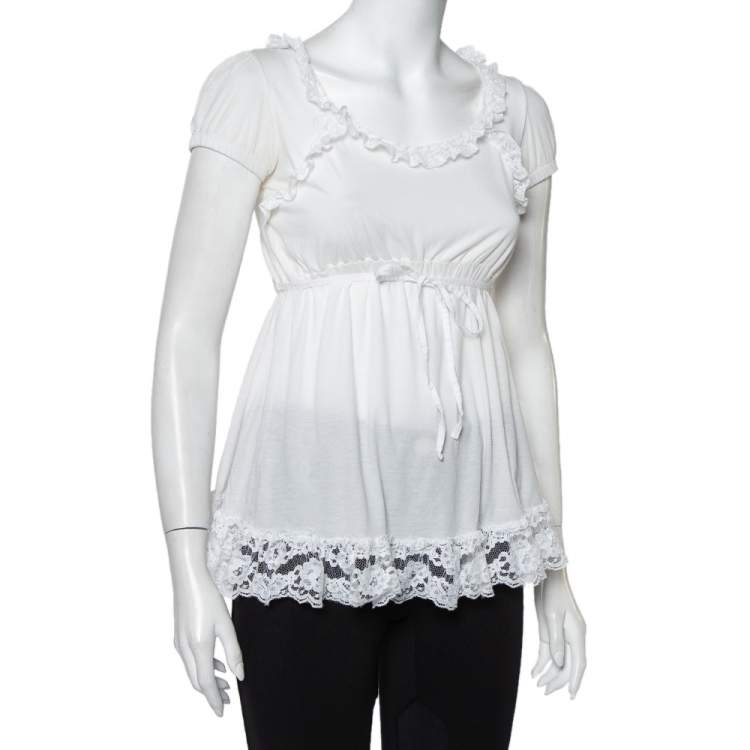 Pre Owned Dolce & Gabbana White Knit Lace Trim Waist Tie Detail Top M