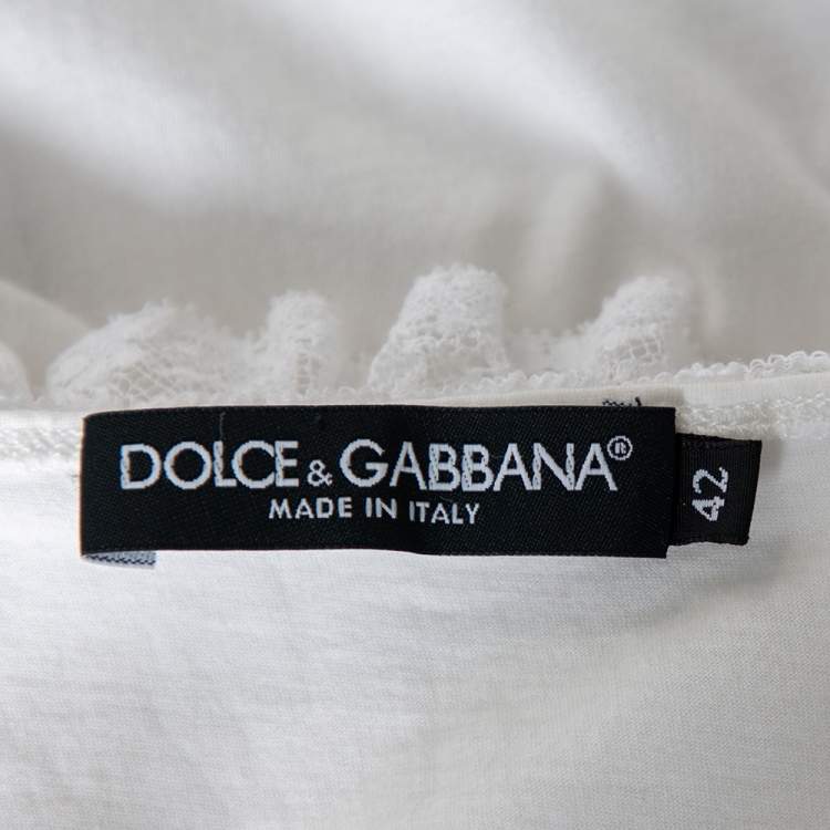 Pre Owned Dolce & Gabbana White Knit Lace Trim Waist Tie Detail Top M