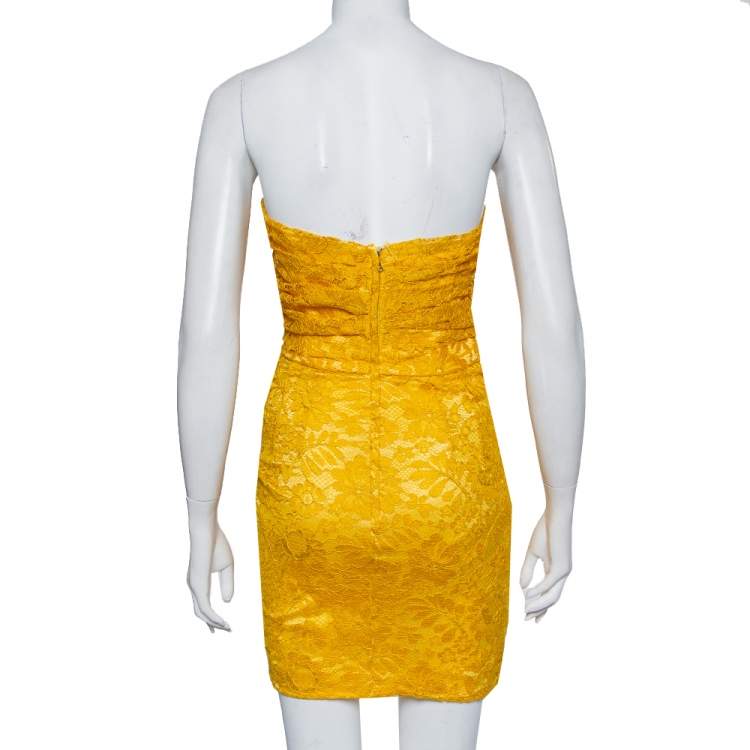 Pre Owned Dolce & Gabbana Yellow Lace Draped Strapless Mini Dress S