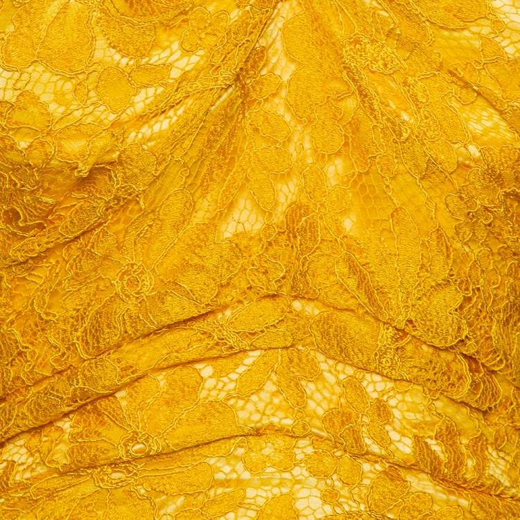 Pre Owned Dolce & Gabbana Yellow Lace Draped Strapless Mini Dress S