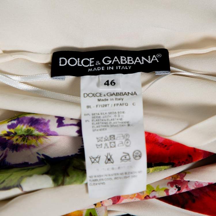 Pre Owned Dolce & Gabbana Cream Floirette Printed Silk Top & Knee Length Skirt Set M