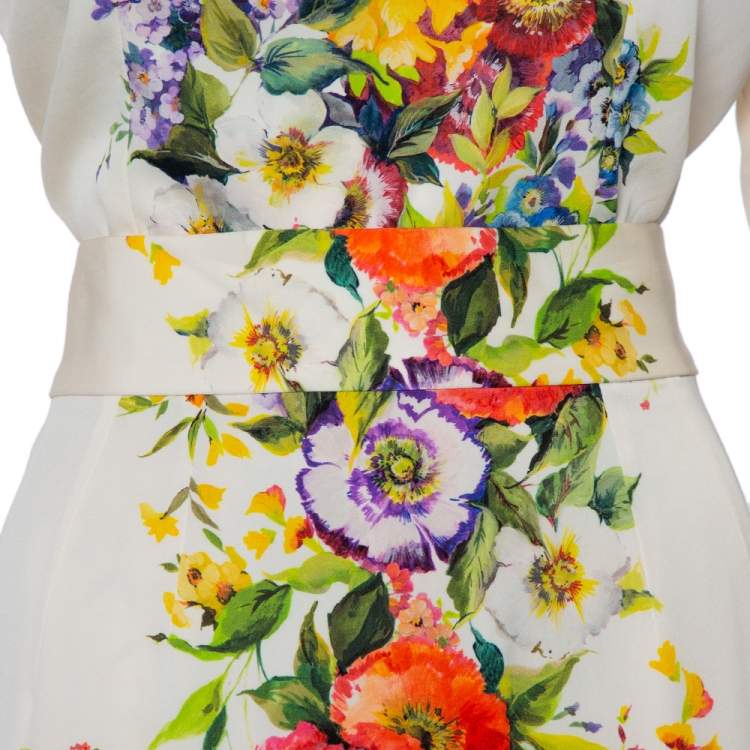 Pre Owned Dolce & Gabbana Cream Floirette Printed Silk Top & Knee Length Skirt Set M
