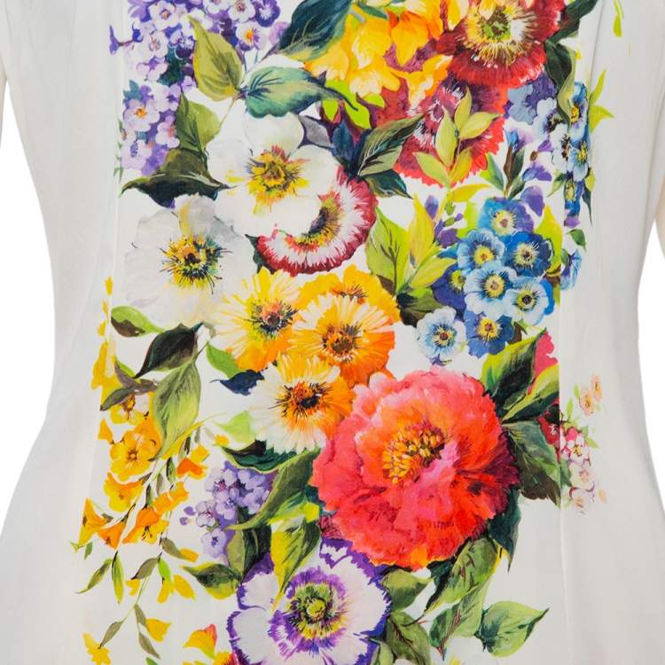 Pre Owned Dolce & Gabbana Cream Floirette Printed Silk Top & Knee Length Skirt Set M