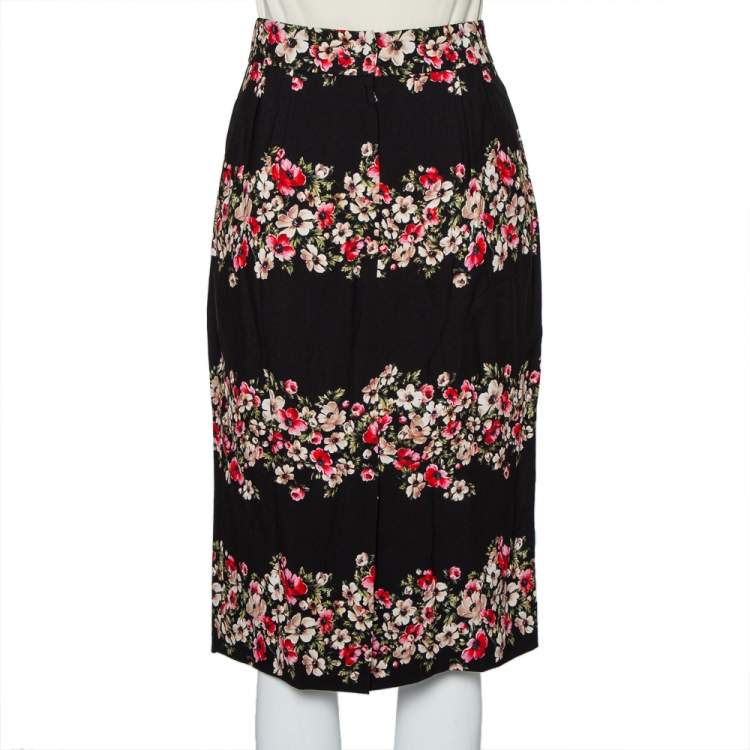 Pre Owned Dolce & Gabbana Black Floral Printed Crepe Pencil Skirt L