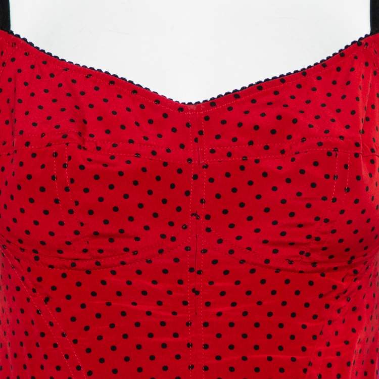 Pre Owned Dolce & Gabbana Red Polka Dot Printed Silk Bustier Mini Dress S
