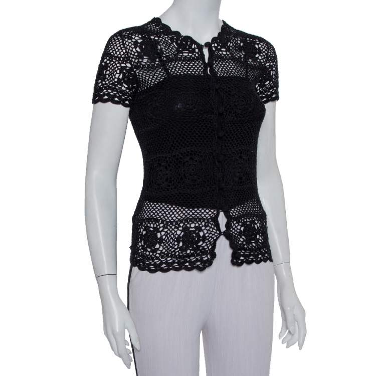 Pre Owned Dolce & Gabbana Black Crochet Button Front Top S