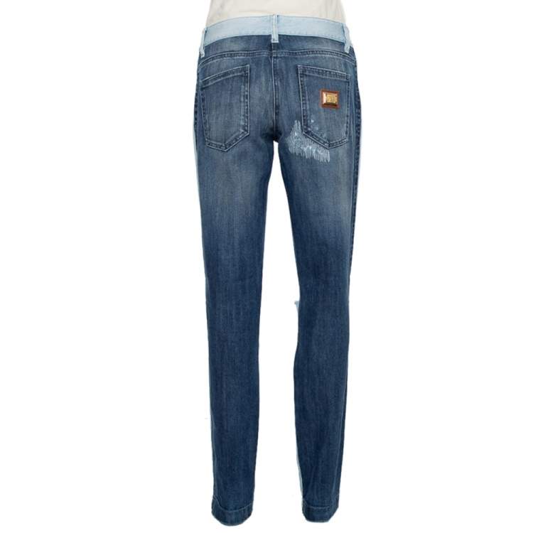 Pre Owned Dolce & Gabbana Blue Two Tone Denim Distressed Jeans M