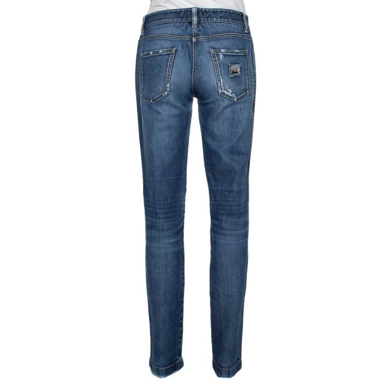 Pre Owned Dolce & Gabbana Navy Blue Faded Denim Distressed Straight Leg Jeans M