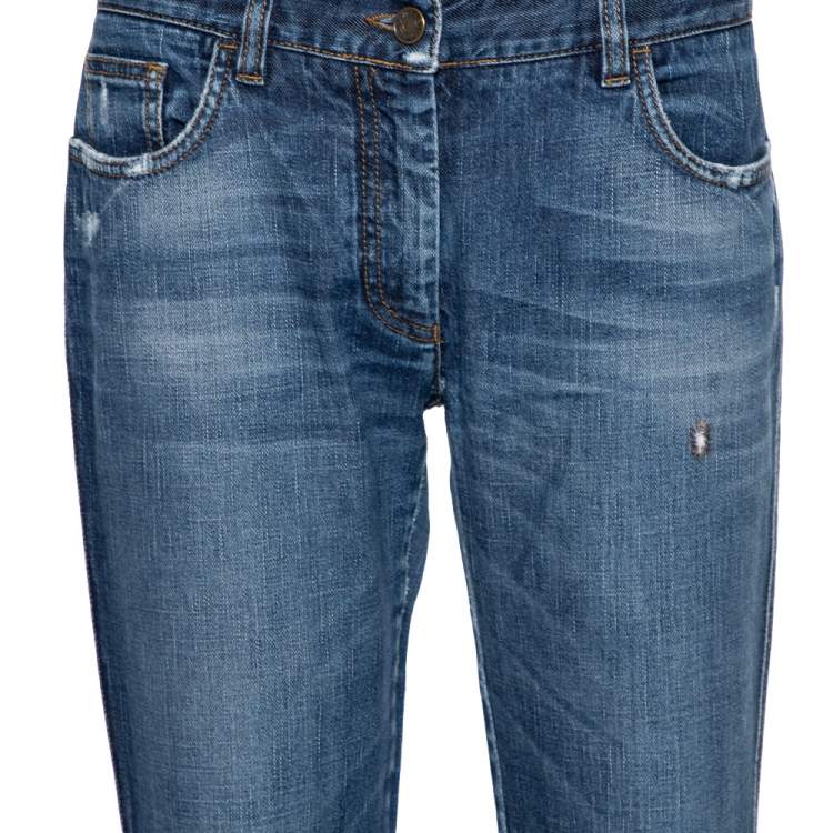 Pre Owned Dolce & Gabbana Navy Blue Faded Denim Distressed Straight Leg Jeans M