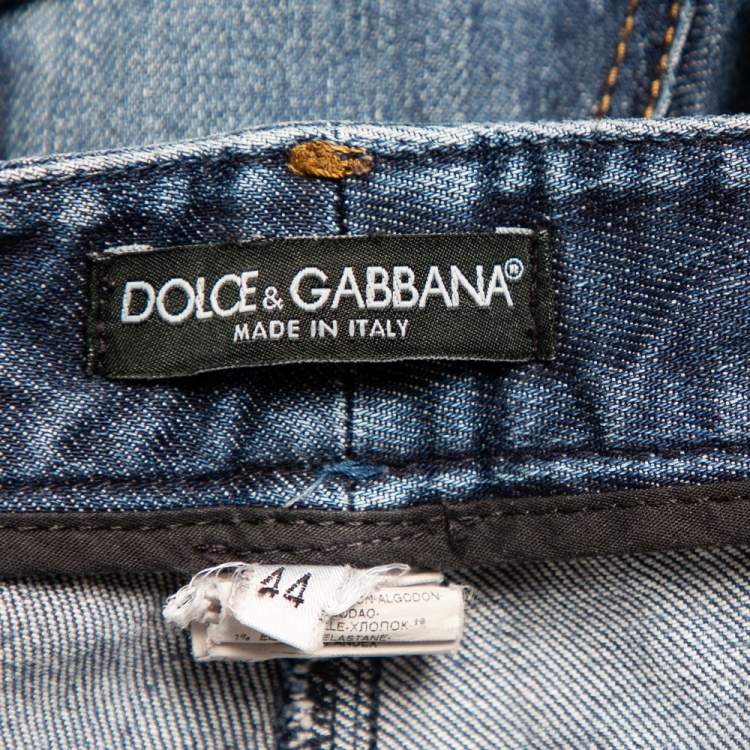Pre Owned Dolce & Gabbana Navy Blue Faded Denim Distressed Straight Leg Jeans M